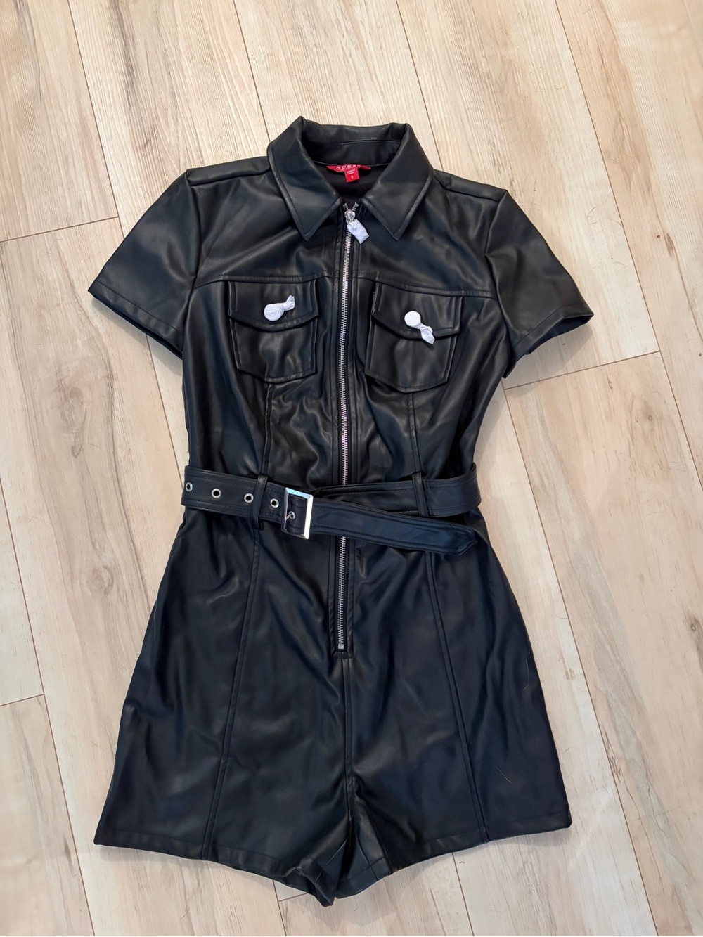 Guess Black Faux Leather Short Sleeve Romper with Silver Hardware